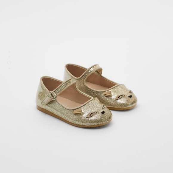 Zara Baby Girl Gold Glitter Cat Shoes Mary Jane - Picture 1 of 7